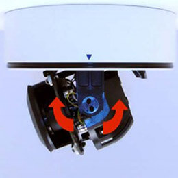 A dome IP camera sensor with arrows showing how to adjust the tilt angle during IP camera set up