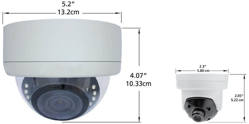 an indoor dome security camera that is 5 inches in diameter, compared to a small discreet IR dome surveillance camera that is 2.3 inches in diameter.