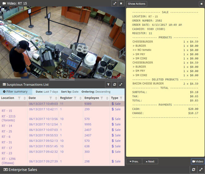 A video image of a man at a POS with receipt data beside it. Integrated video & POS data can quickly uncover employee theft