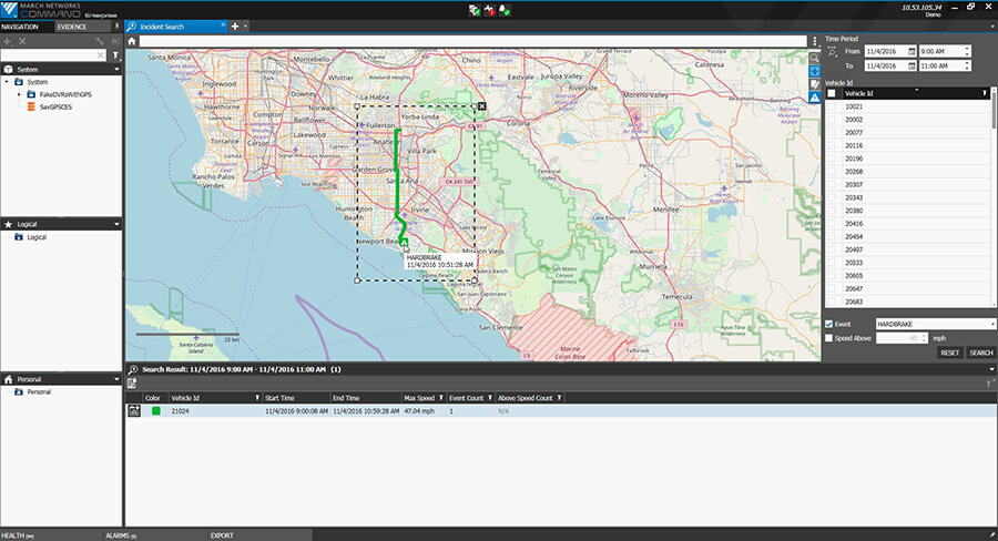 The March Networks Command for Transit VMS software user interface showing the location on a map where a bus slammed on its brakes.