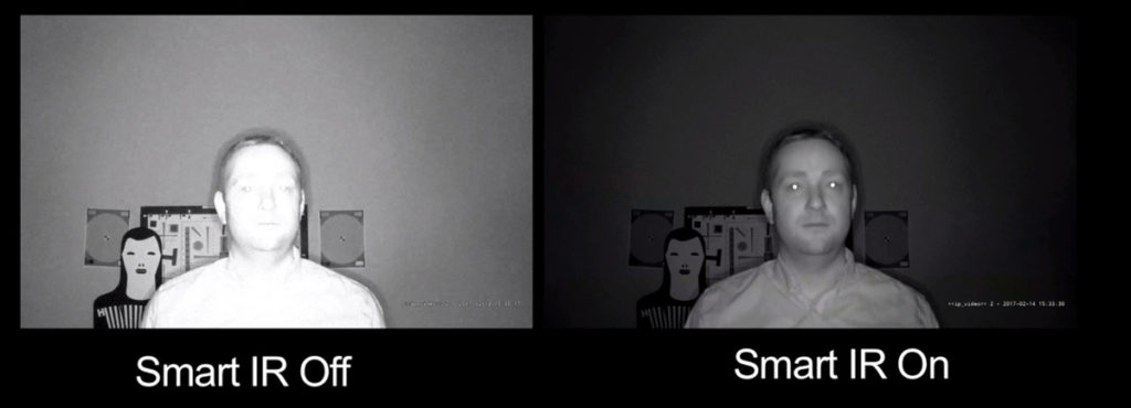 a comparison of nighttime surveillance video featuring a man’s face is seen showing IR on and IR off on the camera.
