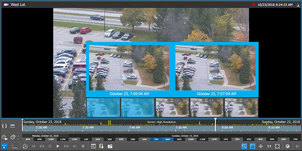 Video surveillance images from a parking lot with the timeline and thumbnail features in Command Recording Software.
