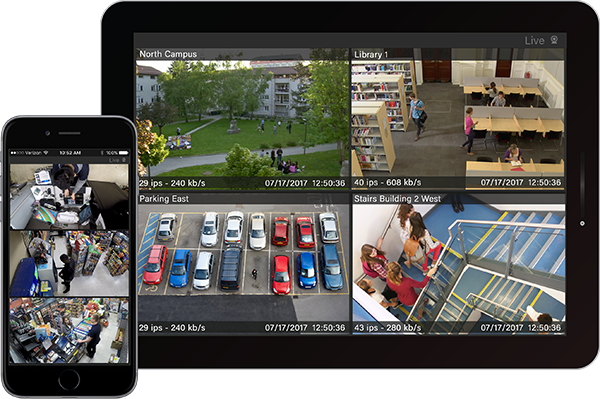 A tablet and mobile phone display video surveillance images in the Command Mobile app interface.