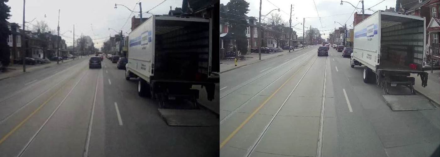 Two surveillance images showing a roadway with a truck with an open bay parked on the right side of the street. One image is bright and sharp, allowing you to see inside the back of the truck. The other image is dark with less detail.
