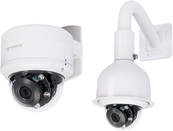 the SE2 Outdoor IR Dome security camera is seen with its optional wall mount and sunshield