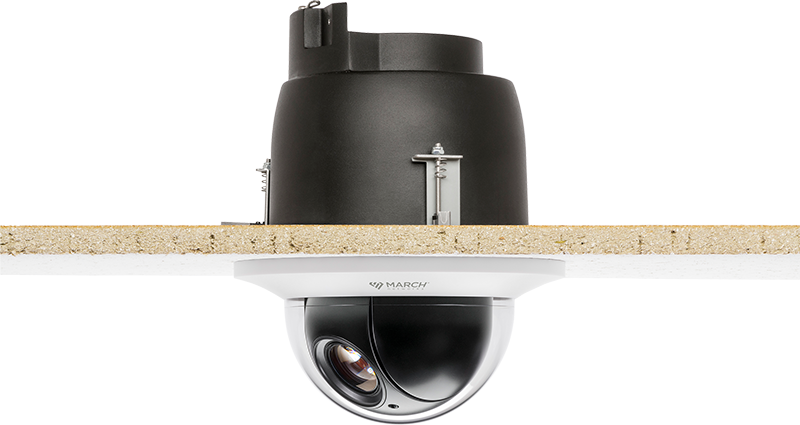 A side view of the SE2 Flush Mount PTZ security camera mounted on a ceiling tile