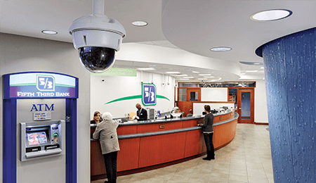 A security camera overlooks the inside of Fifth Third Bank