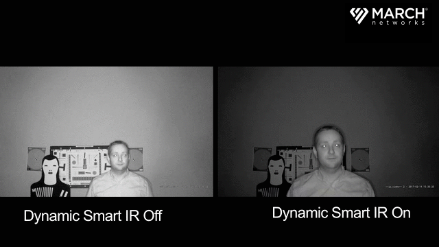 A comparison of nighttime surveillance video featuring a man’s face is seen showing IR on and IR off on the camera.