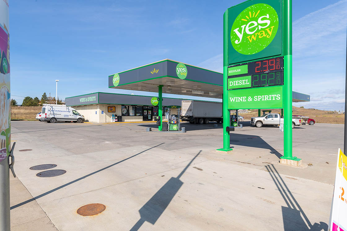 Outdoor corner view of Yesway convenience store and gas station