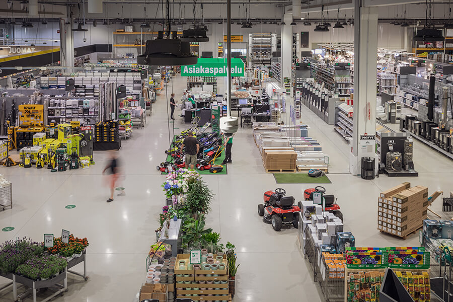 Aerial view of a dome camera hanging from the ceiling overlooking one the S-Market grocery store locations