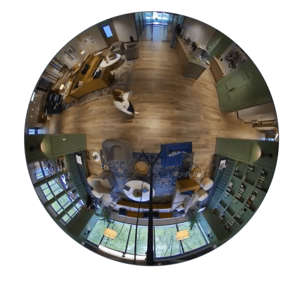 Overhead fisheye camera view of office reception area.