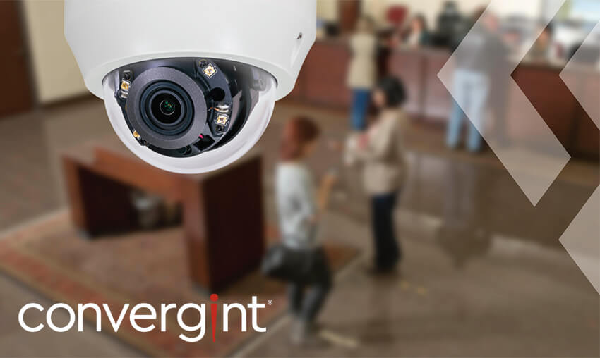 Security camera imposed over blurred background of bank.