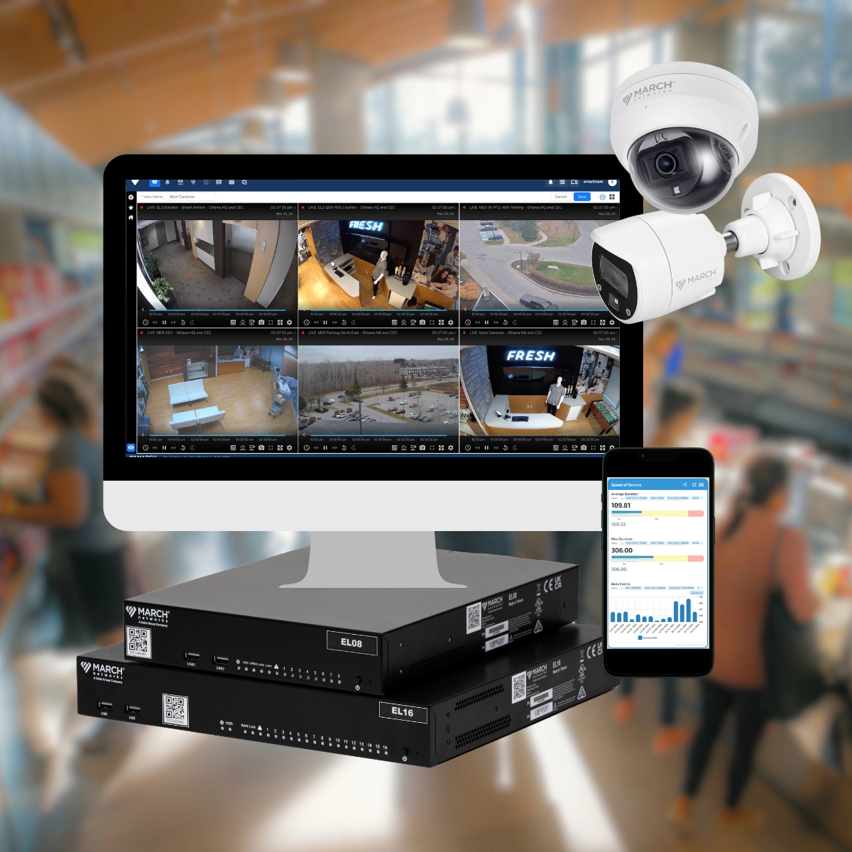 Système March Networks comprenant des caméras, des enregistreurs vidéo réseau (NVR) et un tableau de bord cloud , destiné au secteur de la vente au détail