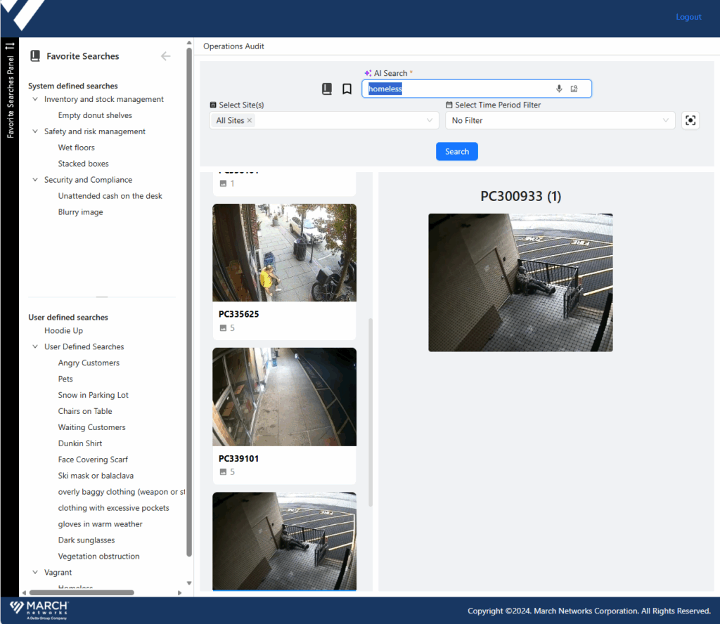 with a brick wall, metal railing, and a parking lot with yellow lines. Other thumbnails depict street-level views with people and sidewalks.