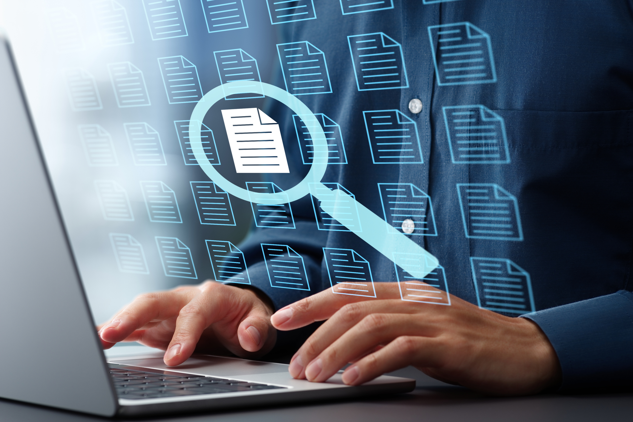 Document retrieval and text search engine. Document management system DMS. Magnifying glass and file icons. Businessman using laptop computer to search by keyword.