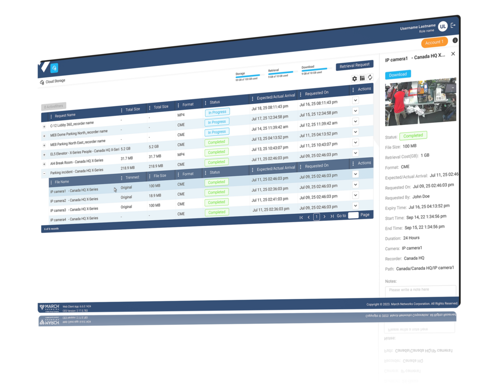 Screenshot of Long Term Cloud Storage showing a table of video retrieval requests, their status (e.g., In Progress, Completed), and a side panel with detailed information for 'IP camera1 - Canada HQ X-Series'.
