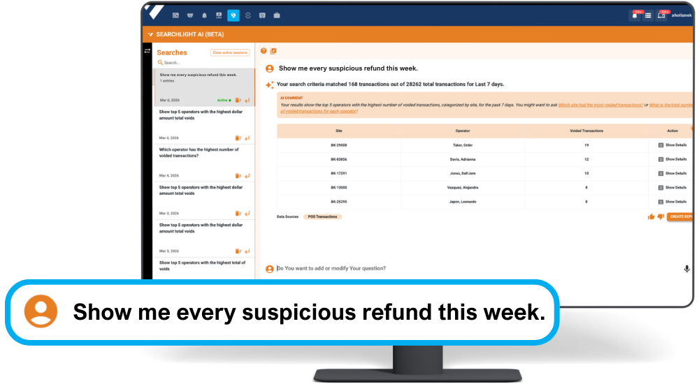 Searchlight AI screenshot showing the dashboard and its features