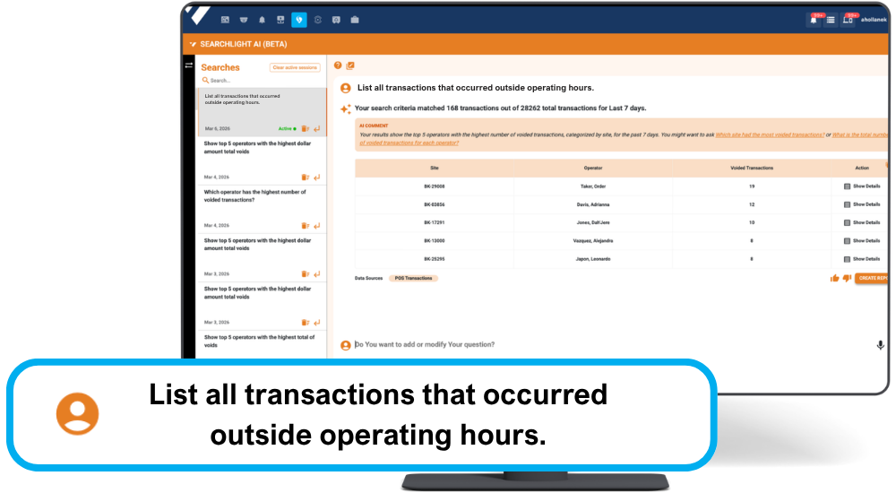 Searchlight AI screenshot showing the dashboard and its features