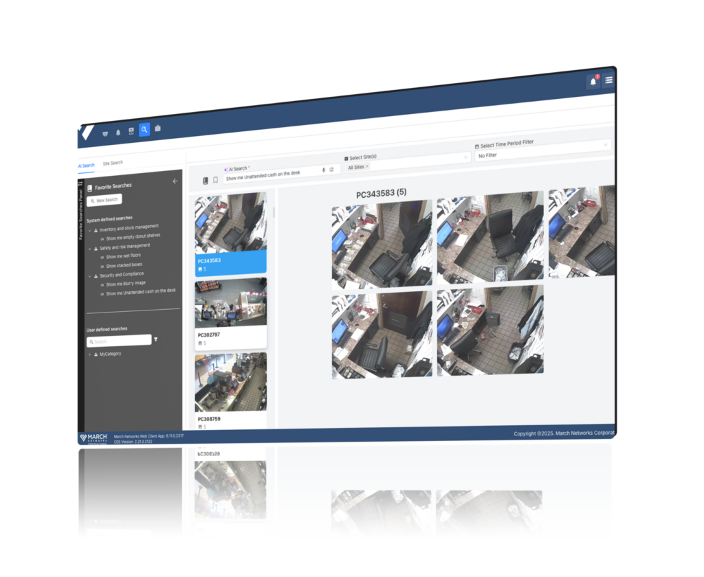 AI Smart Search interface displaying video search results of cash left on desk for faster investigations