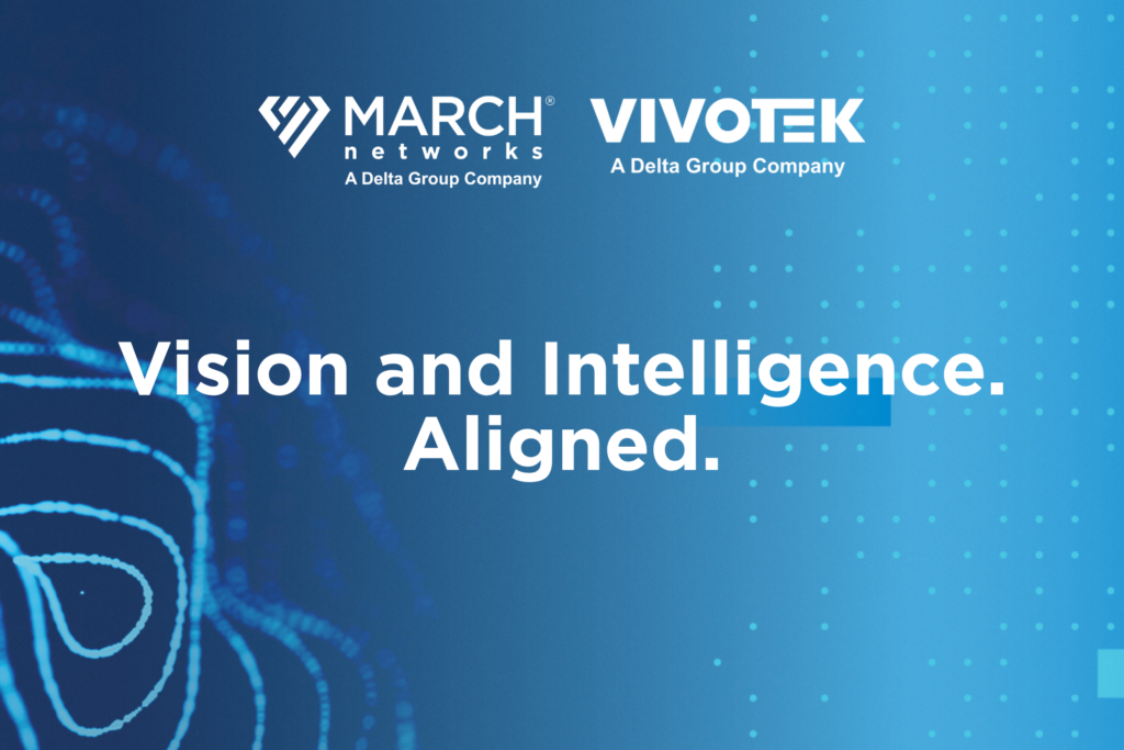 Blue gradient background with abstract dotted patterns and curved line art, featuring the white text “Vision and Intelligence. Aligned.” centered on the image, representing March Networks and VIVOTEK merger.