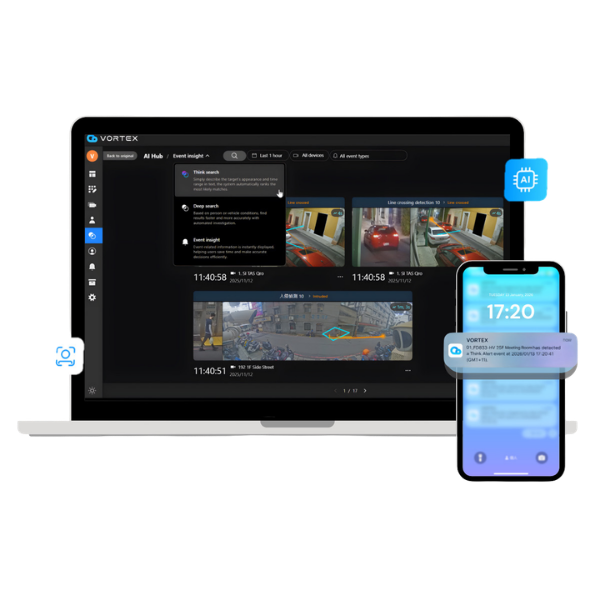 VORTEX by VIVOTEK cloud video surveillance platform on laptop and mobile with AI analytics and real-time alerts