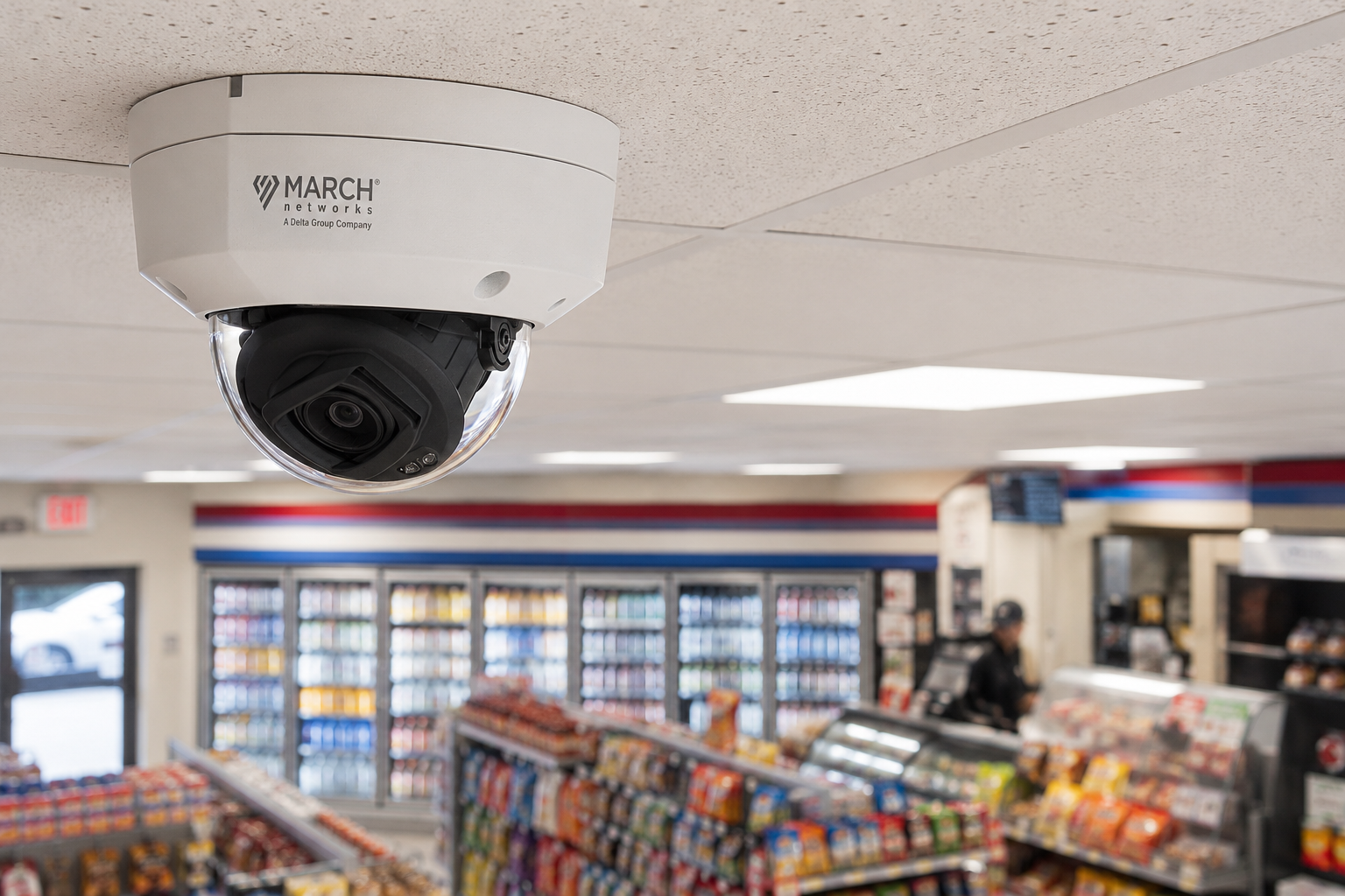 Primer plano de una cámara de seguridad tipo domo March Networks IR March Networks (rango de temperatura estándar, STR) instalada en el techo de una tienda de conveniencia, que enfoca los pasillos, las vitrinas refrigeradas de bebidas y la zona de cajas, con personas difuminadas al fondo.