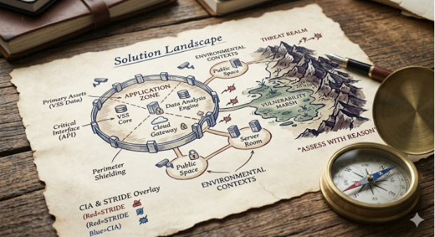 Mapa de modelización de amenazas con STRIDE, CIA, brújula y diagrama del panorama de soluciones