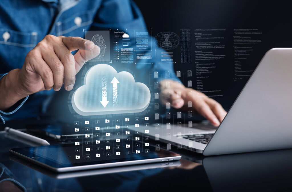 Cloud cybersecurity interface with user accessing encrypted data on tablet and laptop