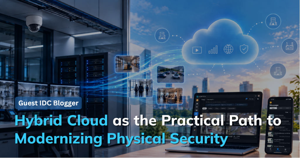Les flux de vidéosurveillance connectés, les serveurs et les icônes d'cloud s favorisent une approche hybride de la sécurité physique moderne.